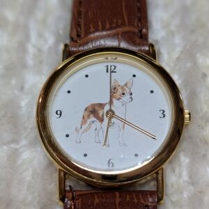 Gold Tone Chihuahua Dog Watch With Brown Leather Strap